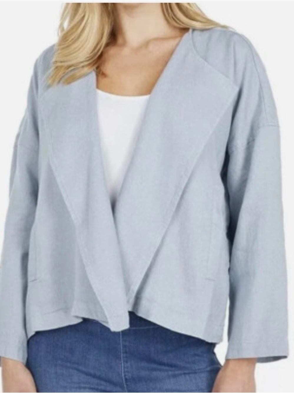 Eileen Fisher Heavy Organic Linen Drape Front Jacket Dawn Blue Petite Medium